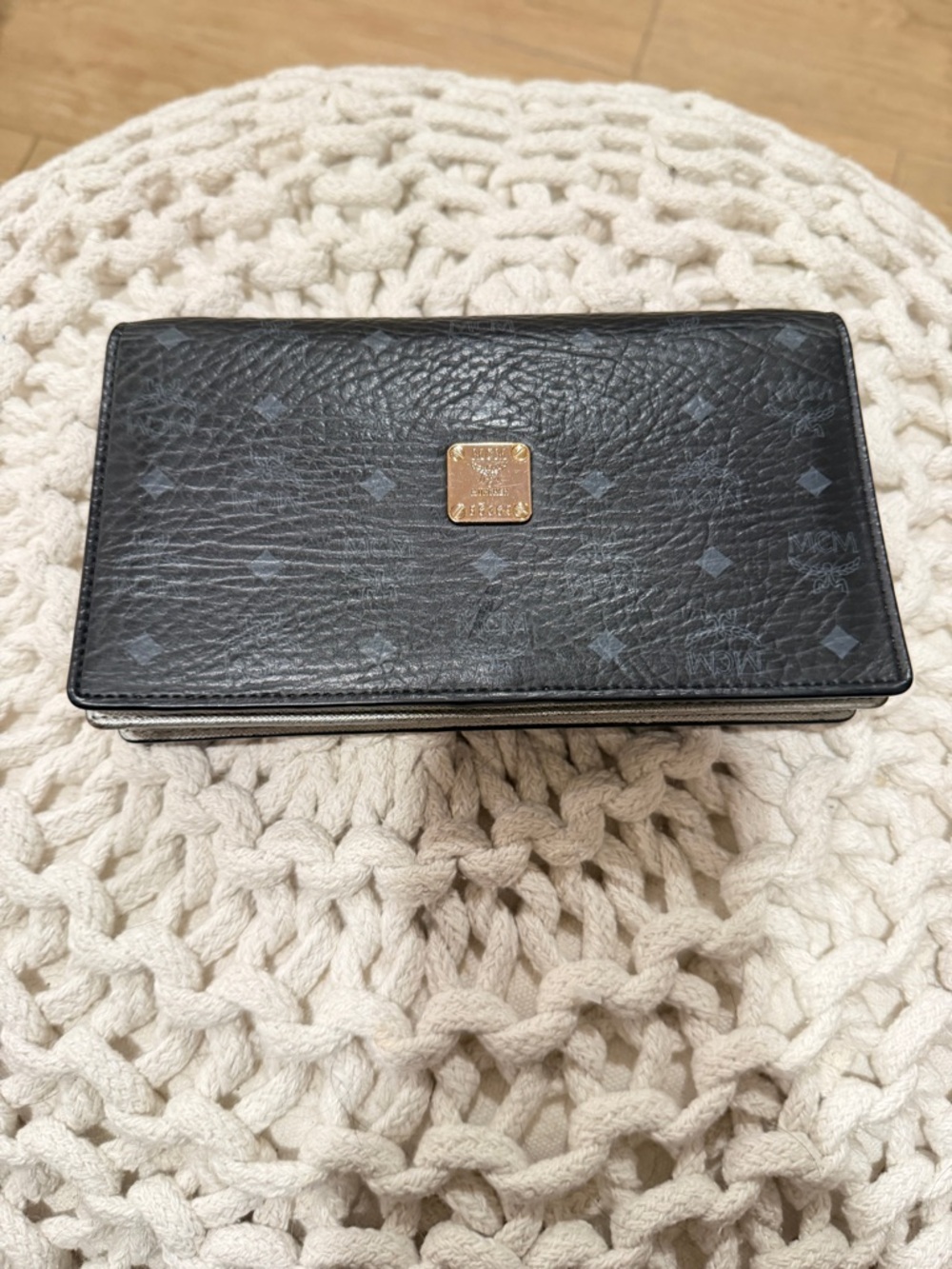MCM Black Monogram Continental Wallet with Gold Logo Plate